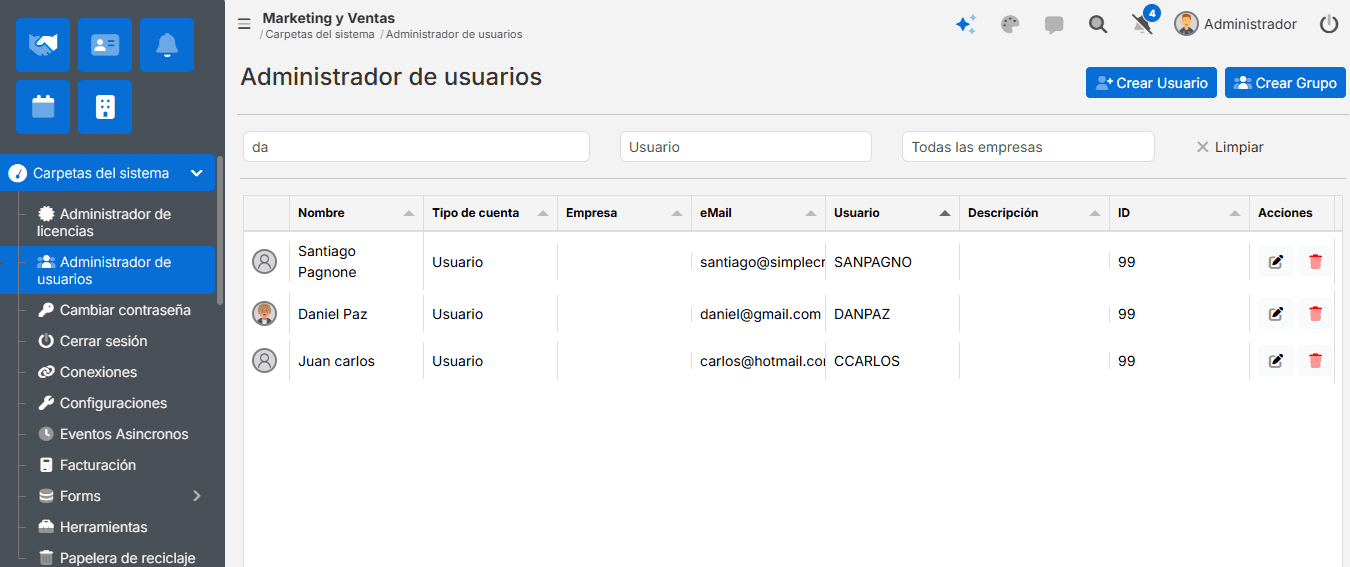 Administrador de Usuarios SimpleCRM